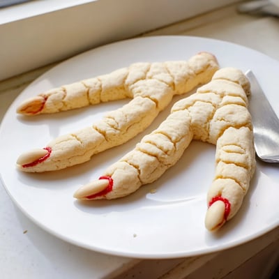 Golden Creepy Witch Finger Cookies arranged on parchment with gory red jam details