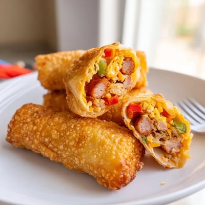 Crispy voodoo egg rolls filled with spicy andouille sausage and melted cheddar cheese