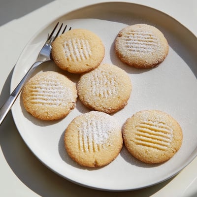 A pile of Grandma's Secret Butter Cookies with crisp edges beside a steaming cup of tea