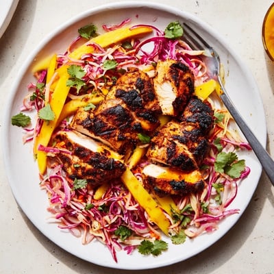 Grilled spicy jerk chicken with caramelized edges served over tropical mango slaw