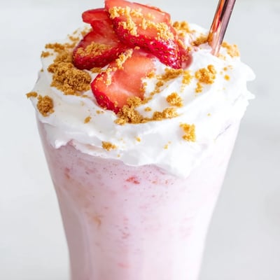 Thick creamy strawberry cheesecake milkshake in a glass garnished with fresh sliced strawberries